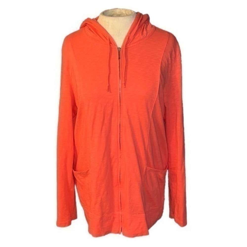 J.Jill lightweight zip up jacket with hood, color is coral orange, medium